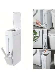 Papelera de baño delgada y ahorradora de espacio con tapa y soporte incorporado para el cepillo de inodoro, adecuada para espacios estrechos, para uso en el baño - Blanco - Ver 7
