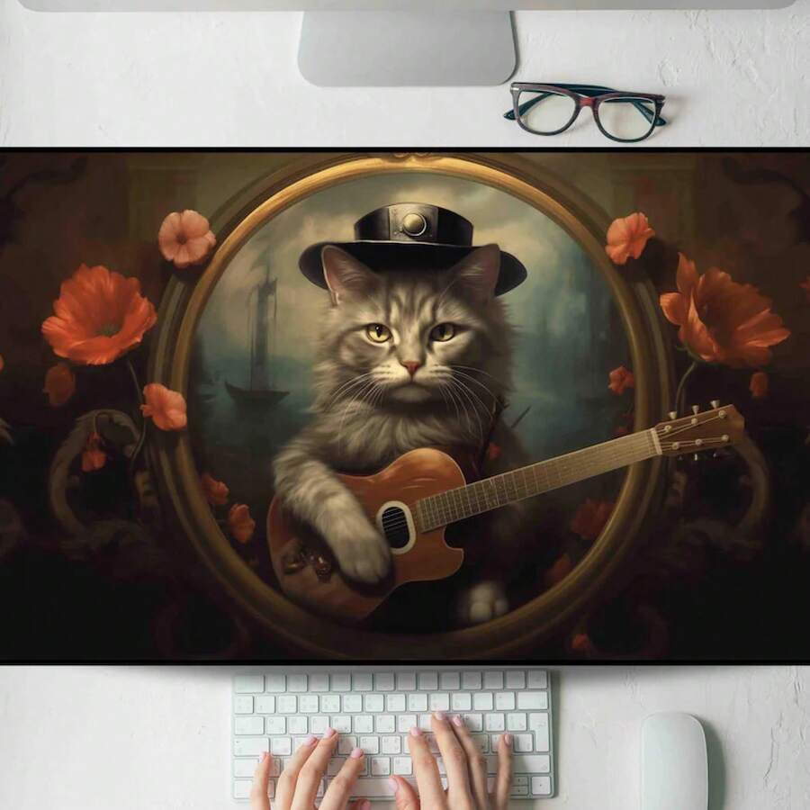 Guitar Cat In Floral Spotlight Desk Mat, Gaming Mouse Pad, Large Mousepad, Keyboard Mat MTG Desk Pad For Work Game Office Home XL - 查看 1