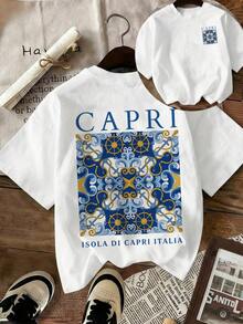 女士夏季时尚潮流字母印花宽松休闲T恤，百搭日常休闲装，度假穿搭 白色 - 白色 - 查看 4