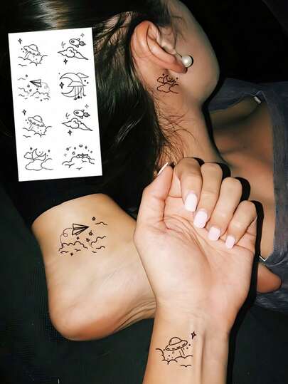 1 vel kleine tijdelijke lichaamstatoeagesticker, unisex, zwart eenvoudig lijnpatroon van maan, wolk, raket, schip, planeten en universum, waterdichte neptatoeage, blijft 2-5 dagen zitten, kan littekens bedekken, kan gebruikt worden op armen, polsen, schouders, benen, taille, nek, handen, borst, dijen, vingers en andere lichaamsdelen, tatoeagesticker voor je vriendin