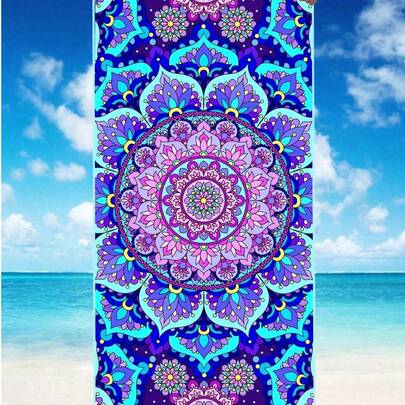【柔软速干】250克超细纤维沙滩巾 | 70*140厘米/90*180厘米可选 | 蓝紫色曼陀罗花卉印花 | 高吸水性便携泳巾，浴室装饰，沙滩巾 | 适合夏季海滩、游泳、旅行、露营、健身
