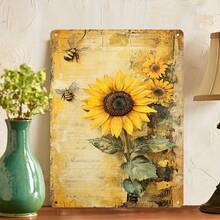 2D Flat - 1pc Of 2D Flat-Printed Vintage Wall Art Featuring Sunflowers And Bees, Made From Metal. This Retro Iron Plate Poster Measures 20.32X30.48 Cm And Is Ideal For Decorating Homes, Bars - White - View 2