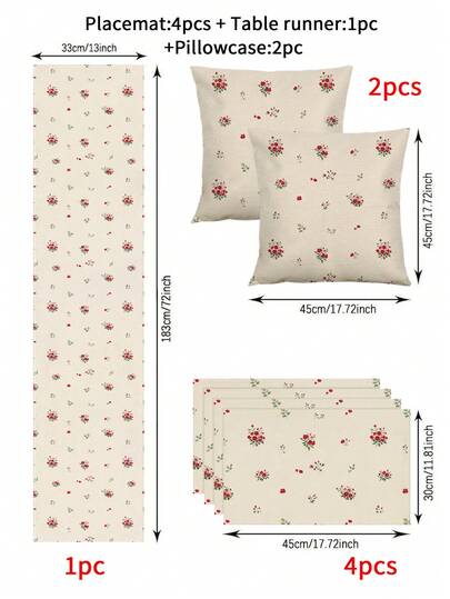 1/4/5/6/7件套春夏花卉图案桌布，家居装饰套装，客厅装饰套装，卧室装饰套装，餐厅装饰套装，亚麻质感面料，多种尺寸可选，餐桌装饰，壁炉架装饰巾，餐垫，杯垫，家居装饰