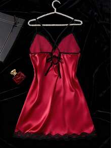 Women's Nightgown, Mature Floral Print Satin Lace Trim Sleepwear Dress, V-Neck Criss-Cross Open Back Spaghetti Strap Slip Dress, Comfortable Robe - 酒紅色 - 查看 2