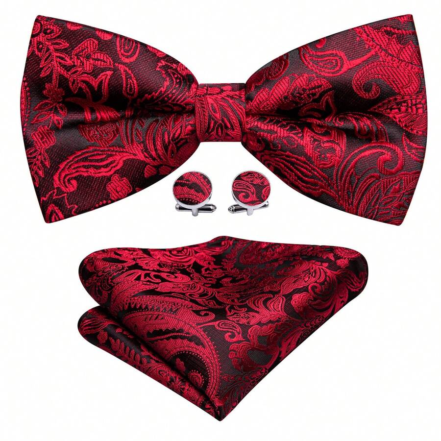 Red Paisley Pre-Tied Bow Tie Pocket Square Cufflinks Set For Men Wedding Formal Party - Red - View 1
