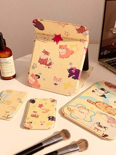 1 chiếc gương gấp cầm tay hình mèo và ngôi sao dễ thương, kiểu dáng INS, chất liệu da, thời trang.