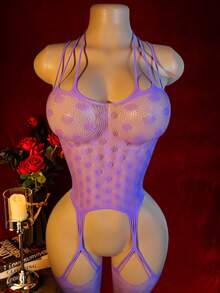 Sleeveless Halter Knit Jumpsuit With Hollow-Out Details, Semi-Sheer Stretchy Fabric - Violet Purple - View 1