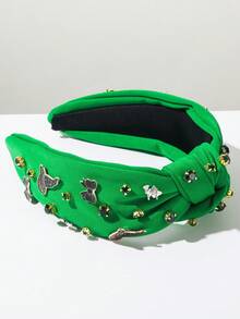 1pc Solid Color Fabric Knotted Wide-Brimmed Headband, Korean Style Creative Rhinestone Bow Crown Hat Accessory, Decorative Headpiece, Summer, Hair, Holiday - Green - View 3
