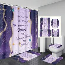 [Bộ phụ kiện phòng tắm hình bướm tím] Bộ 1/4 rèm tắm bằng polyester chống thấm nước in hình bướm tím, kèm 12 móc treo, thảm chống trượt và thảm tròn lót bồn cầu. - A - Xem 3