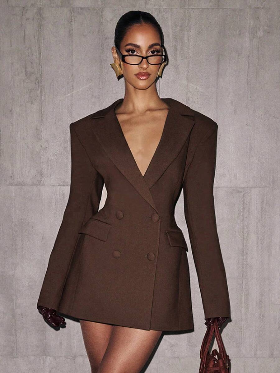 Women's Elegant Business Suit Dress, Deep V Neck Long Sleeve Ruffle Waist Cinched, Spring & Fall Office Wear, Plain Style - màu nâu - Xem 1