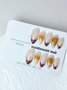 10pcs Handmade Customized Caramel Ombre French Almond Shaped Metal Gold Edged Starry Nail Stickers, Reusable - White - View 2