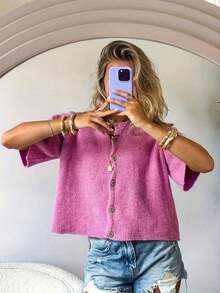 Women's Short Sleeve Cardigan, Front Button Decor, Minimalist & Fashionable Casual Style, Suitable Daily Commute, Lovely Sweater Spring - Hot Pink - View 3