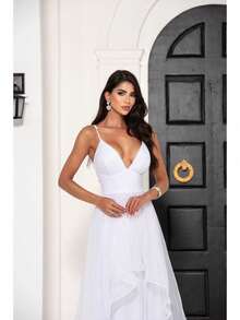 Greek Goddess Gala Dress In Tulle Without Glitter, With Capes And Invisible Zipper - White - View 3