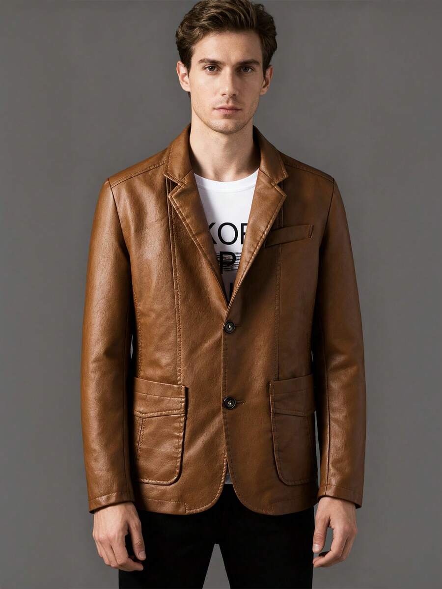 Men's Brown PU Leather Blazer Notched Lapel Single Breasted Casual Business Suit Jacket