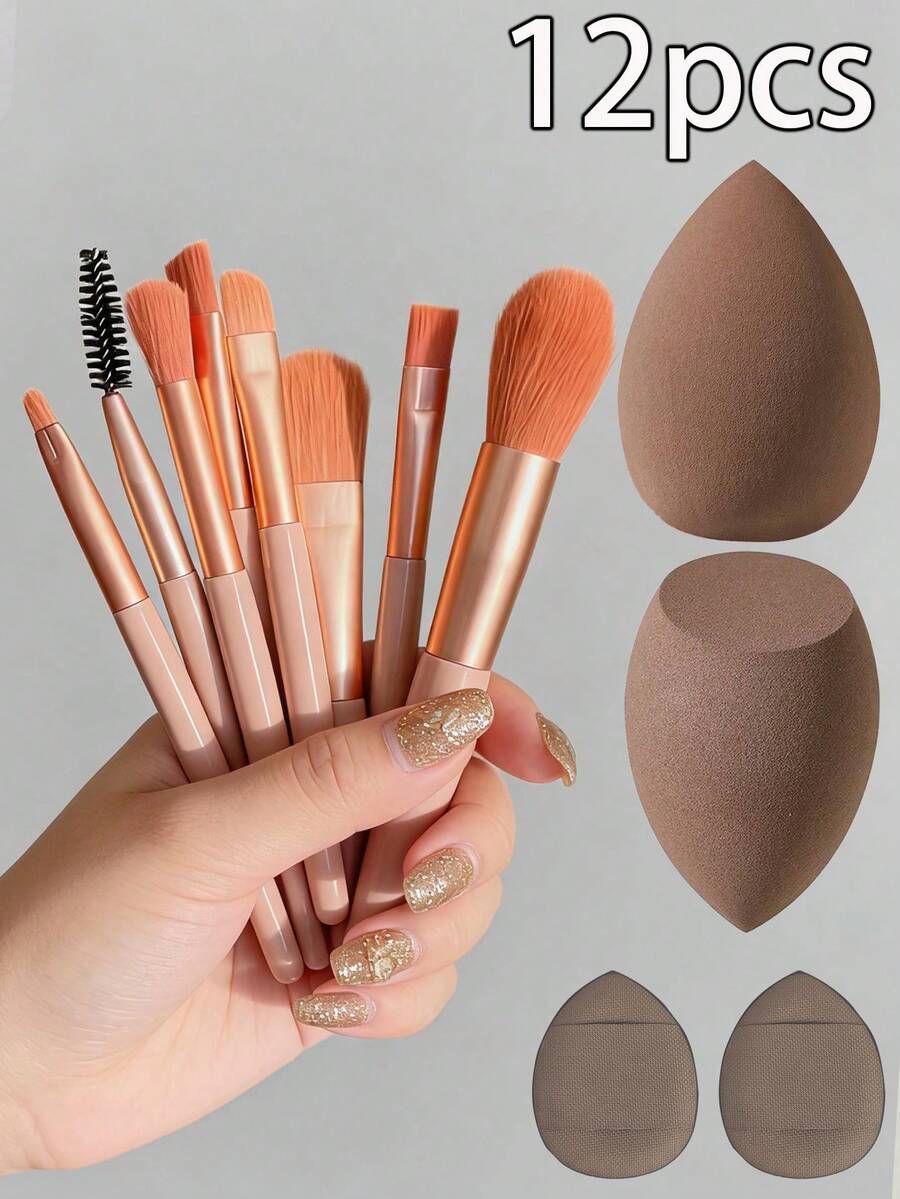 12pcs Makeup Brush Set, Includes Makeup Sponge, Foundation Brush, Eyeshadow Brush, Eyebrow Brush, Powder Brush, Blush Brush, Concealer Brush, Highlighter Brush, Suitable For Daily Facial Makeup
