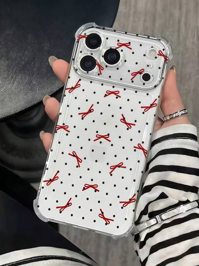 1pc Black Polka Dot Bow Transparent Airbag Anti-Fall Phone Case Compatible With Apple 7/8/X/XR/XS Max/11/12/13/14/15/16/17 Pro Max, Galaxy A14/A15/A16/A17/A04/A05/A06/A07/A54/A55/A56/A57/A34/A35/A36/A37/S26/S26 Plus/S26 Ultra, 12C/13C/14C/15C, Honor 400/400 Pro/400 Lite/300/300 Pro/200, C85 Pro/C75/C71/C63/C53