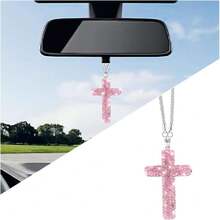 Bling Car Hanging Ornament, Cross Crtal Rhinestone Vehicle Rear View Mirror Pendant, Diamond Religious Rearview Mirror Dration Charm, Universal Automotive Interior Accessories (Pink),44347145 - A - 查看 1