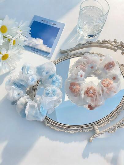 2件套优雅粉蓝花卉发圈套装，刺绣花朵图案，女士纯色欧根纱发绳，大号螺旋发饰，适合春夏日常佩戴，可扎马尾辫，发圈，橡皮筋，发绳