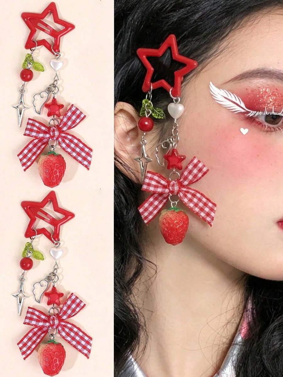 Bộ 2 kẹp tóc kiểu Y2K hình ngôi sao đỏ, họa tiết dâu tây kẻ caro và nơ, phong cách cổ tích mộng mơ, phụ kiện tóc retro ngọt ngào và cá tính, phù hợp cho lễ hội âm nhạc, tiệc tùng, trang phục thường ngày mùa xuân/hè, món quà tuyệt vời cho bạn bè, kỳ nghỉ, du lịch, phụ kiện đội đầu, sinh nhật. - Nhiều màu - Xem 1