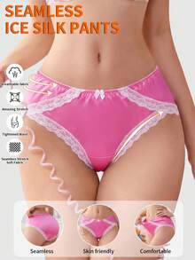 1 chiếc quần lót gợi cảm màu hồng bóng, ren satin dành cho nữ, cỡ lớn. Được làm từ chất liệu ren thoáng khí, bóng bẩy, nhẹ và có độ co giãn cao, được thiết kế đặc biệt dành cho phụ nữ. - Hồng - Xem 2
