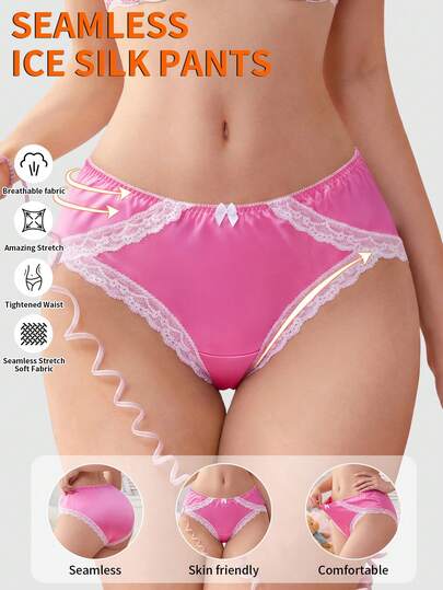 1pc Plus Size Women's Satin Lace Shiny Pink Bow Sexy Panties. Made Of Breathable, Glossy, Lace, Lightweight And Highly Elastic Materials, Designed Specifically For Women.