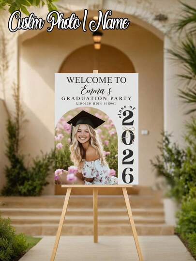 1 stuk - Gepersonaliseerde afstudeerposter, welkomstbord voor afstudeerfeest met foto's, bloemenposter voor afstuderen, gepersonaliseerde naam en tekst.