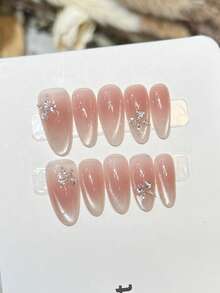 10pcs Handmade Nails Oval Nails Acrylic Press On Nails Long, Gentle Pink Nails, Flashy Cateye, Nail Gems Small Rhinestone Diamond Bitterfly Inlaid, Edgy Elegant Simple Spring Fake Nails, Summer Nails, Party Daily & Dating Use Beach Tropical Getaway Suitable,DIY False Nail Art Suitable For Women & Girls As Gift Nail Supplies - Pink - View 10