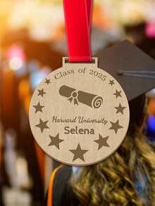 1pc Custom Text Graduation Wooden Medal – Personalized 3-Style Grad Keepsake With Custom Name & University Year | Red Ribbon Grad Medal | Ideal High School/College Graduation Gift | Graduation Ceremony Keepsake & Home Decor,Graduation Season Gifts - Multicolor - View 6