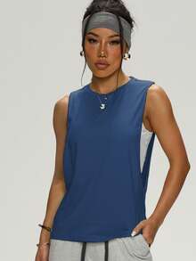 Tank Top Wanita Tanpa Lengan Warna Polos, Longgar, Tipis, Elastis, Cocok untuk Olahraga Musim Semi/Panas, Latihan di Gym, Lari, Aktivitas Luar Ruangan, Olahraga Santai, Gaya Sederhana, Leher Bulat - Navy Blue - View 5