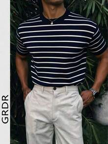 GRDR Men's Casual Navy Blue & White Striped T-Shirt - Simple & Fashionable Short Sleeve For Summer - Navy Blue - View 10