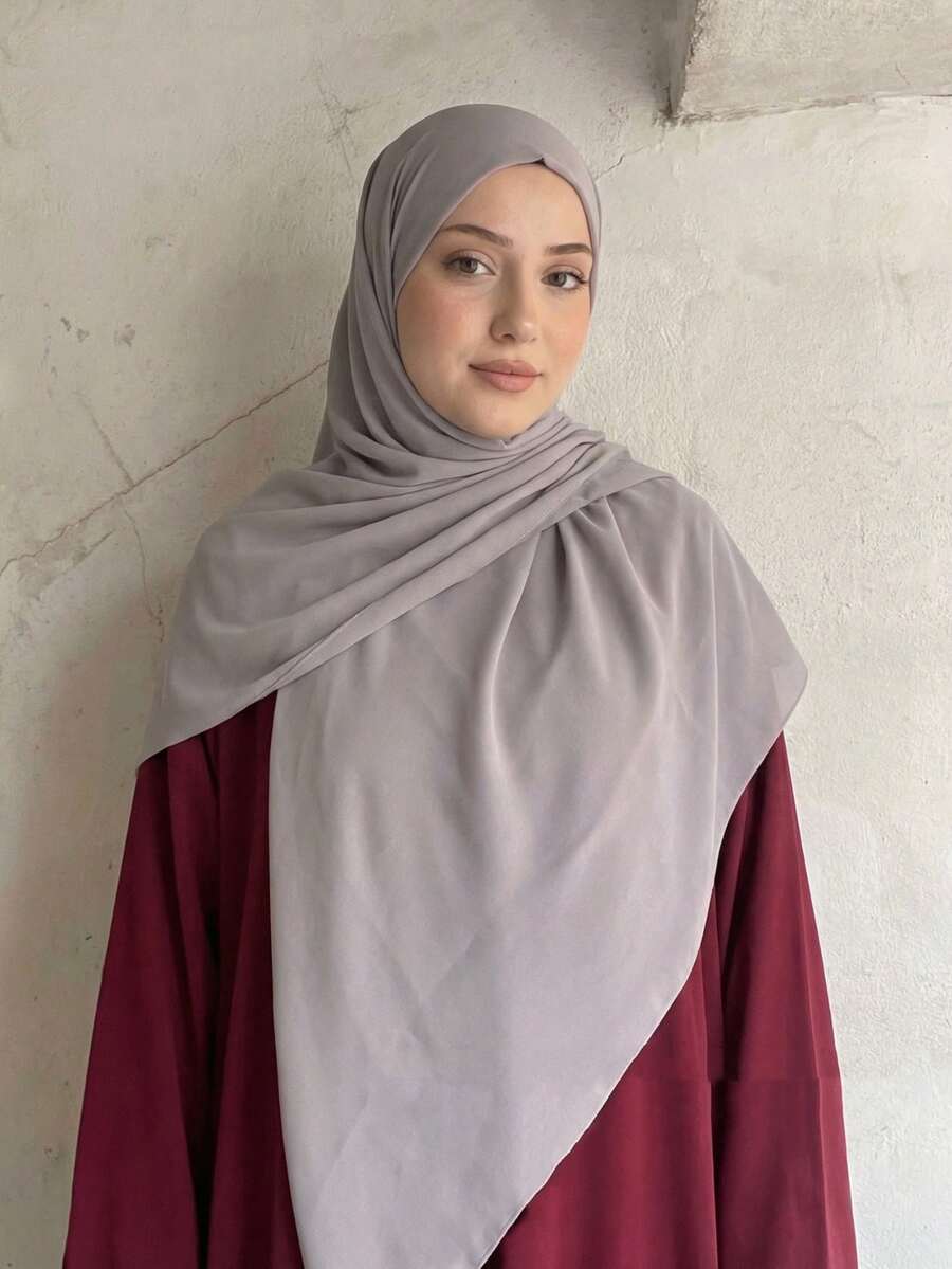 1pc Chiffon Muslim Headscarf, Solid Color Casual Scarf, Sunscreen Shawl, 140*140cm - Light Grey - View 1