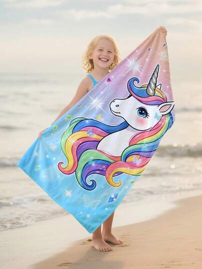 1pc Cartoon Unicorn Pattern Children's Beach Towel, Super Soft Microfiber Extra Large Beach Blanket, Super Absorbent Bath Towel, Suitable For Travel, Swimming Pool, Diving, Surfing, Yoga, Camping, Available In Multiple Sizes, Beach Accessories For Beach, Pool, Travel, Camping, Yoga