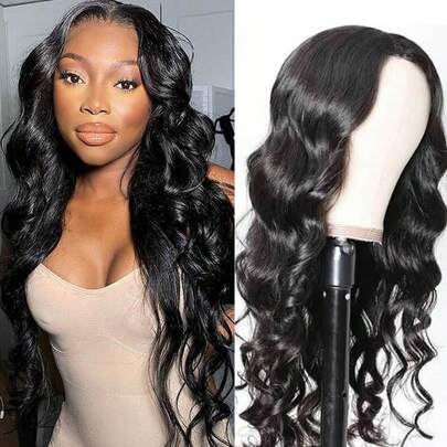 波浪卷蕾丝前假发，真人发，4x4预剪蕾丝闭合，无胶真人发假发，180%密度，佩戴方便，自然黑色，适合日常和派对佩戴。