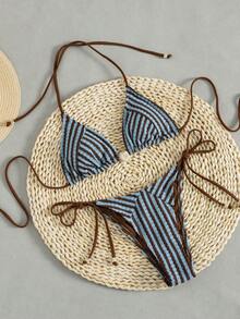 Bộ đồ bơi nữ gợi cảm, tối giản, thanh lịch, trẻ trung, lãng mạn, thích hợp đi biển, du lịch, dự tiệc, đính hạt, kiểu cổ yếm, hàng mới về cho kỳ nghỉ xuân/hè. - Sọc nâu - Xem 3