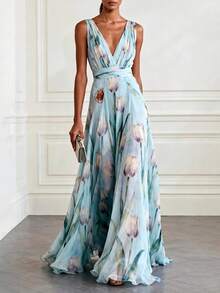New V-Neck Vacation & Party Dress ( Style) - 藍色 - 查看 1