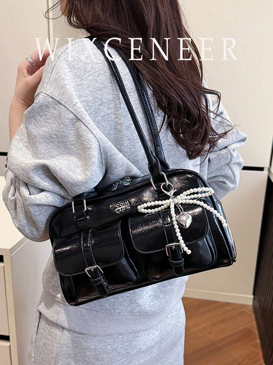 Bolso de hombro de mujer de unicolor retro de piel de PU, de gran capacidad con diseño de múltiples bolsillos y colgante decorativo desmontable
