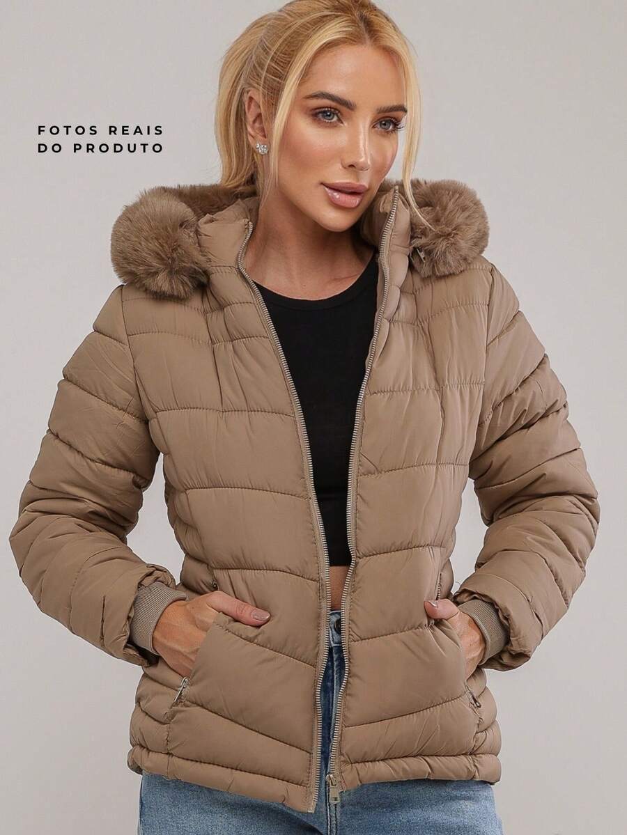 Women's Fleece Jacket, Autumn/Winter Chic Coat, Puffed Sleeve, Removable Hood, Faux Fur - 棕色 - 查看 1