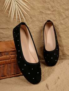 Black Suede Rhinestone Low Vamp Flat Shoes, Gentle Style Commute Versatile Grandma Shoes For Women - Black - View 2