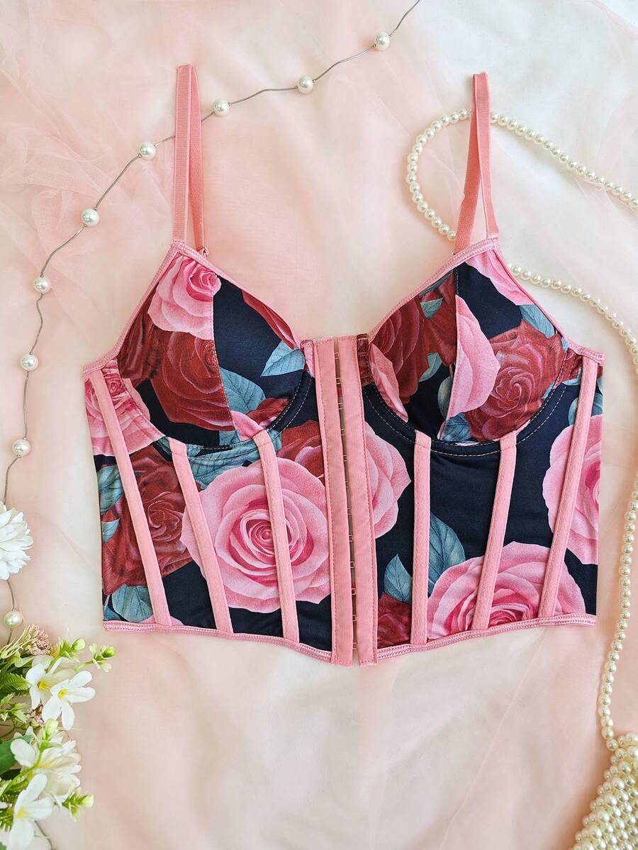 Adjustable Strap Rose Print Waist Cincher Top For Women