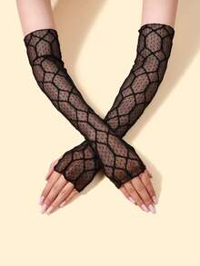 New Spring/Summer Rhombus Hollow See-Through Arm Sleeve, Fashionable Sexy Crochet Rhinestone Arm Sleeve For Birthday Party, Date - Black - View 3