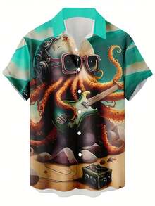 Octopus Wearing Sunglasses And Headphones Playing Electric Guitar On Rocky Beach Symbolizing Creativity Freedom And The Rhythm Of Ocean Waves 3D Print Men's Short Sleeve Button Up Shirt Casual Summer Top - 白色 - 查看 1