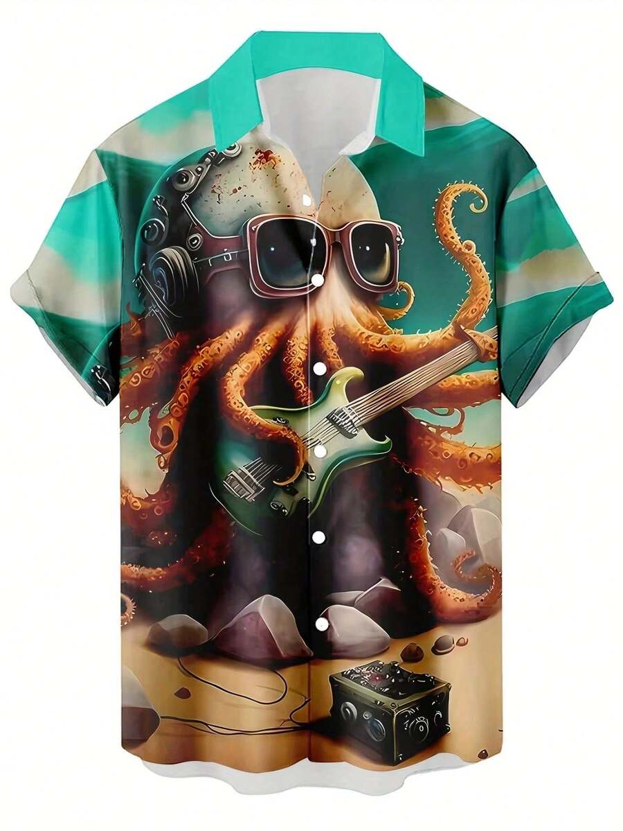 Octopus Wearing Sunglasses And Headphones Playing Electric Guitar On Rocky Beach Symbolizing Creativity Freedom And The Rhythm Of Ocean Waves 3D Print Men's Short Sleeve Button Up Shirt Casual Summer Top - 白色 - 查看 1