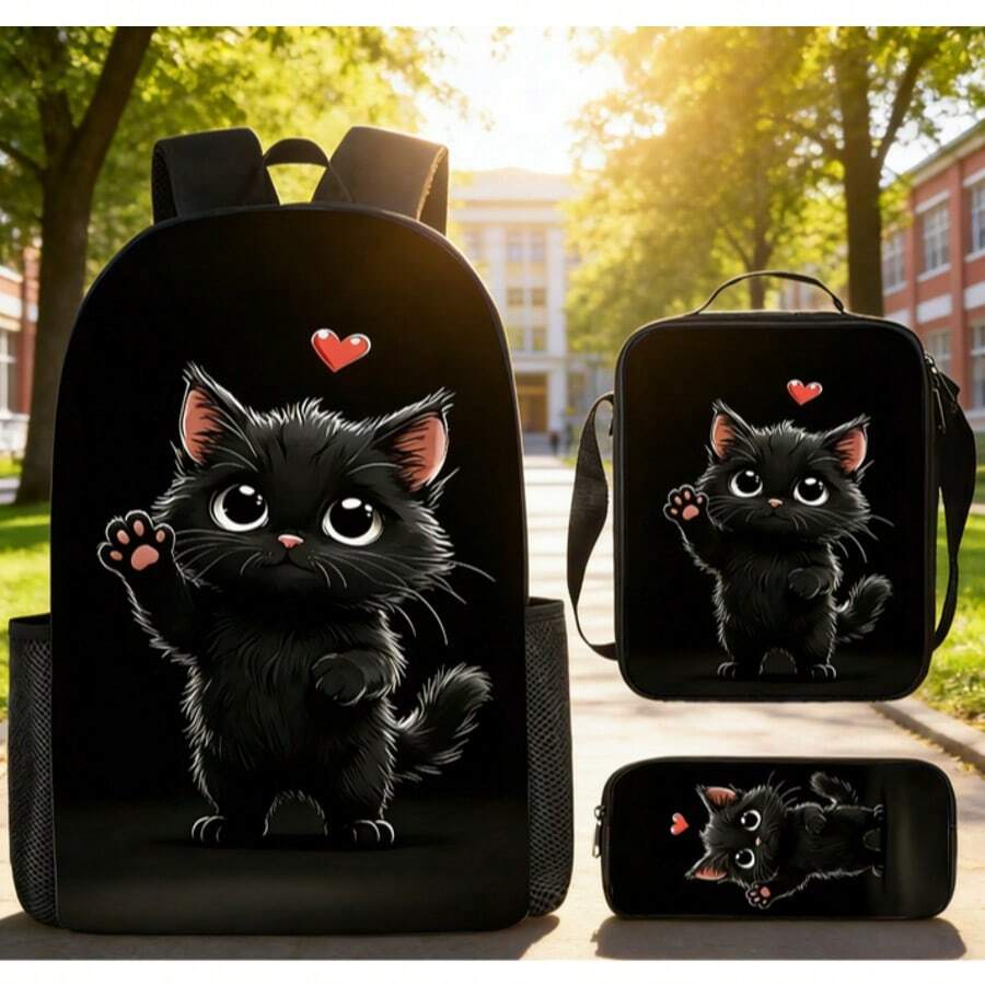 三件套黑色猫咪图案背包套装,时尚女士背包,收纳袋,大容量休闲背包,单肩包,手提包,铅笔盒,旅行/学生季节性多款背包套装 - 黑色 - 查看 1