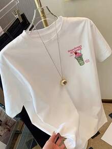 Front And Back Short-Sleeve T-Shirt - Strawberry Matcha, Summer Beverage Print - Women'S Spring And Summer Fashion T-Shirt, Stylish Item - White 3 - View 2