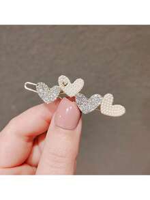 1/2pcs Pearl & Rhinestone Heart Decor Side Clip, Elegant Frog Clip Hair Accessories For Women,Hair Clip,Party - Gold - View 1