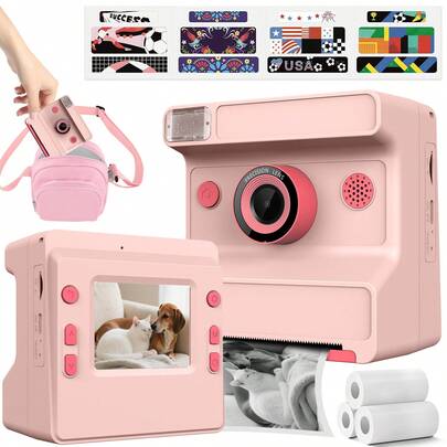 Kinder Kamera Sofortdruck 3-in-1 Kreativ, Digitalkamera mit 1080P Hochauflösung und 48 Megapixel, ausgestattet mit 1300mAh wiederaufladbarem Akku und 2,3-Zoll Sofortbildkamera, geeignet für Anfänger von Videoblogs, hergestellt in China, tragbares Design, Geschenkidee, Geschenk für Fußball-WM, Muttertag, Valentinstag, Frühjahrs--Artikel, inklusive WM-Aufkleber-Upgrade-Paket: Kamera + Speicherkarte + 5 Filmrollen + Tasche