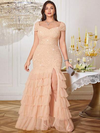 Đầm maxi dự tiệc trang trọng cổ tim đính sequin, ren hoa, xếp lớp, bèo nhún, xẻ tà, thích hợp cho đêm giao thừa, dạ hội, lễ tốt nghiệp, tiệc sinh nhật và các dịp khác, cỡ lớn.