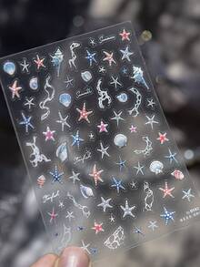 1片夏季深海海星贝壳美甲贴纸，美甲师必备，5D立体浮雕炫彩海星贝壳珊瑚美甲装饰设计，自粘式美甲贴纸，DIY美甲，女士美甲配饰礼品，海洋透明风格美甲贴纸 - 彩色 - 查看 12