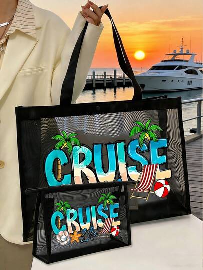 大容量网眼袋套装，饰有色彩缤纷的“邮轮生活”文字印花、可爱的海滩场景、蓝色海洋字母装饰、海豚和贝壳图案，网眼沙滩手提袋，网眼化妆包，可折叠防水沙滩包，字母网眼沙滩手提包，适合通勤、购物、度假和日常休闲使用，是送给朋友的完美礼物。