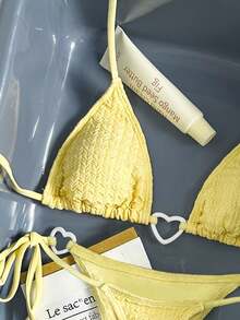 Bikinx Heart Ring Linked Smocked Triangle Bikini Set – Textured Lemon Yellow Side Tie Thong Swimsuit 2 Piece Set For Women - Màu vàng - Xem 4